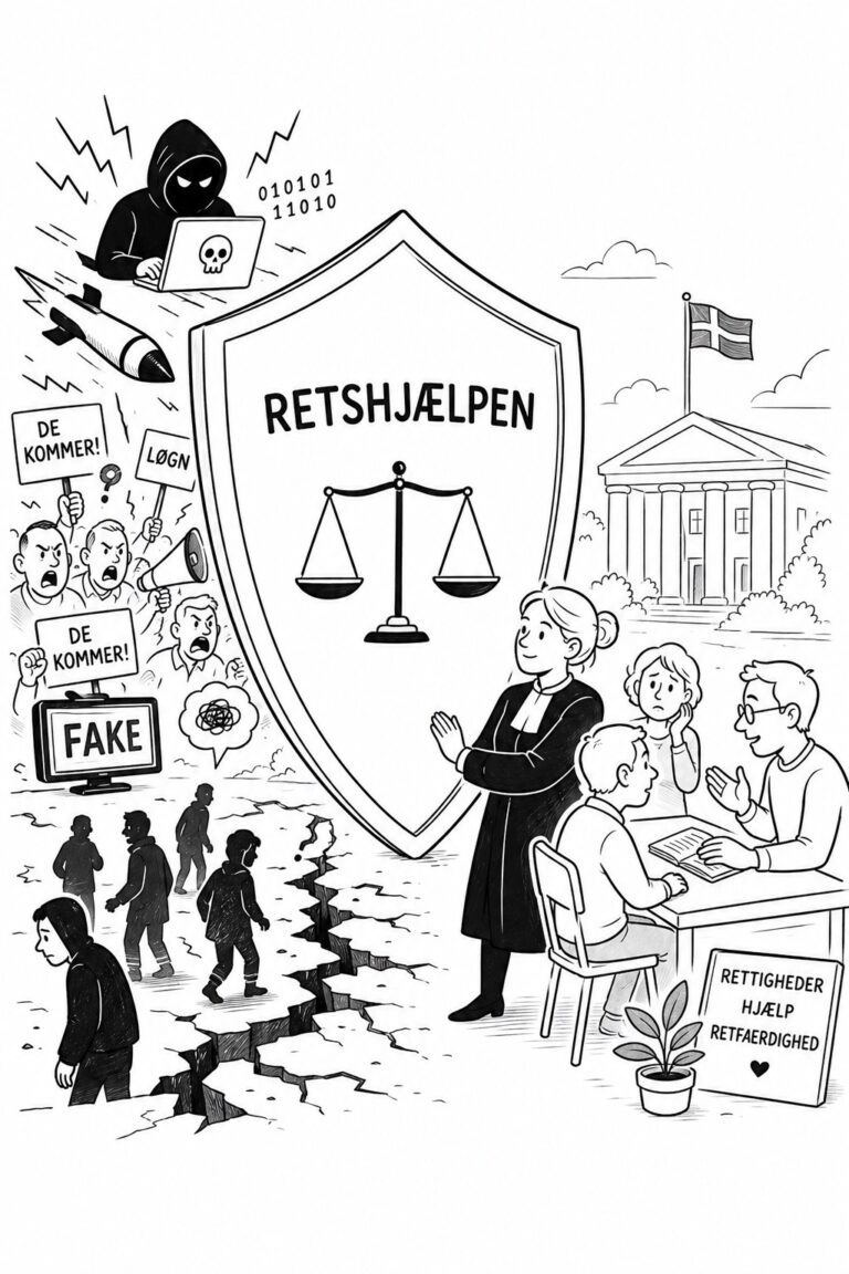 Illustration af et juridisk skjold med ordet RETSHJÆLPEN og vægtskåle, omgivet af hybridtrusler til venstre og borgerhjælp til højre.