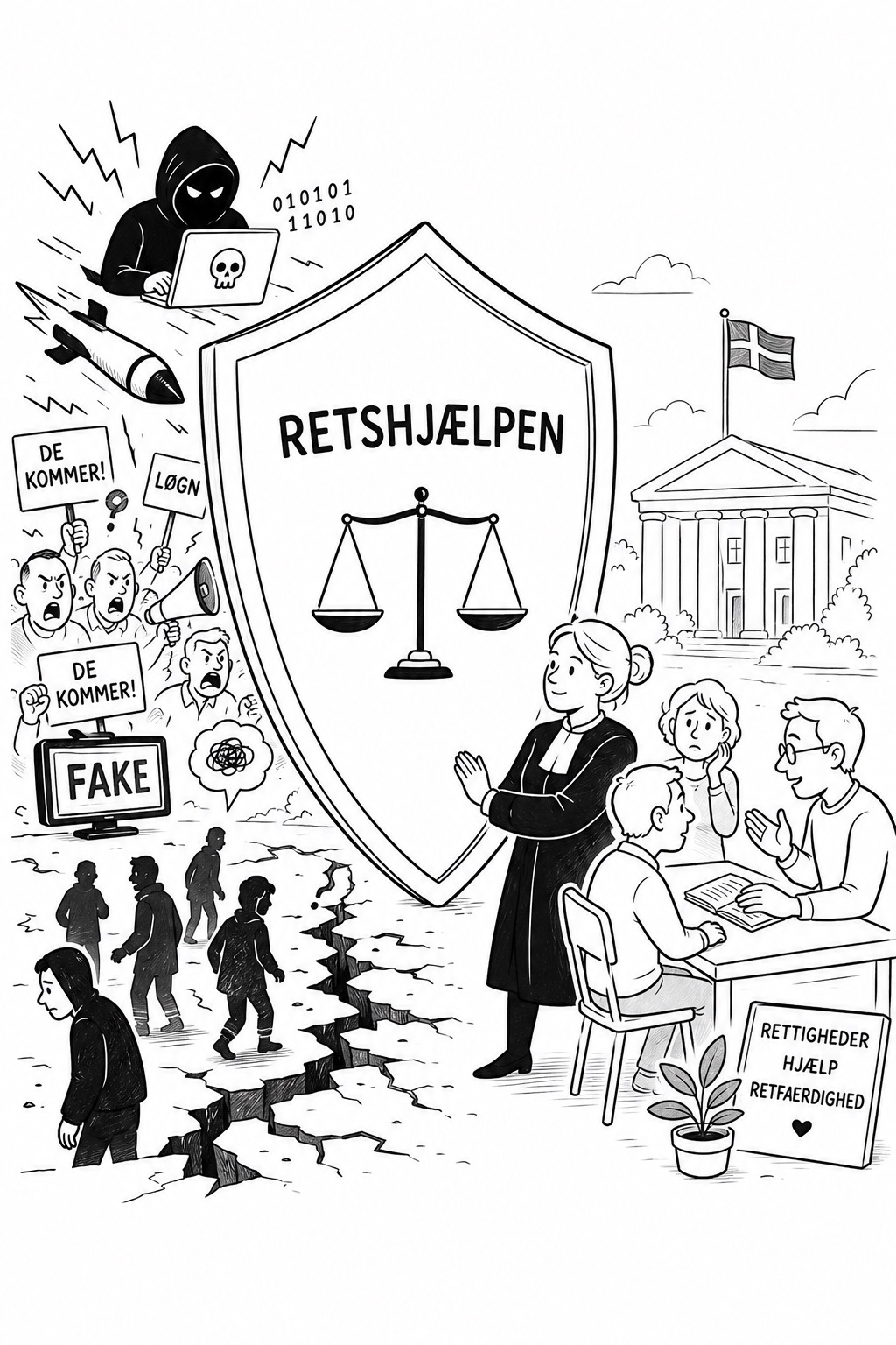 Illustration af et juridisk skjold med ordet RETSHJÆLPEN og vægtskåle, omgivet af hybridtrusler til venstre og borgerhjælp til højre.