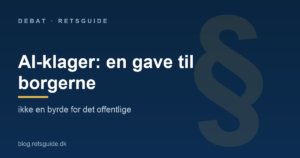 Grafik med teksten 'AI-klager: en gave til borgerne' og et stort paragraftegn — illustration til artikel om AI-klager og adgang til juridisk hjaelp i Danmark.
