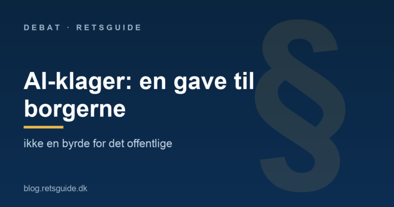 Grafik med teksten 'AI-klager: en gave til borgerne' og et stort paragraftegn — illustration til artikel om AI-klager og adgang til juridisk hjaelp i Danmark.